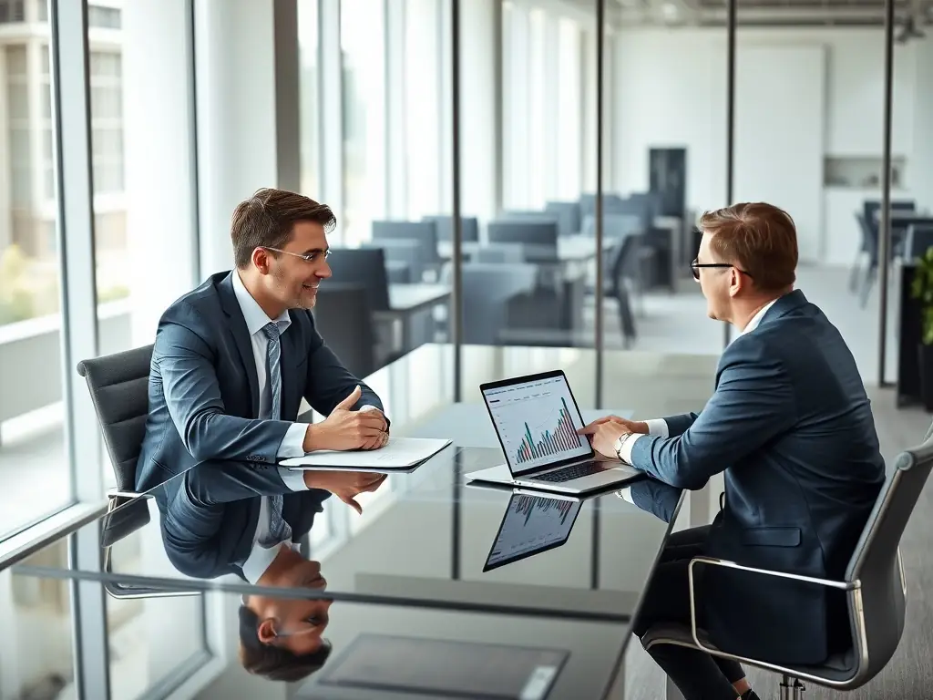A consultant and client engaged in a productive remote 1:1 business consultation via video conference, with strategic planning documents visible on the screen.