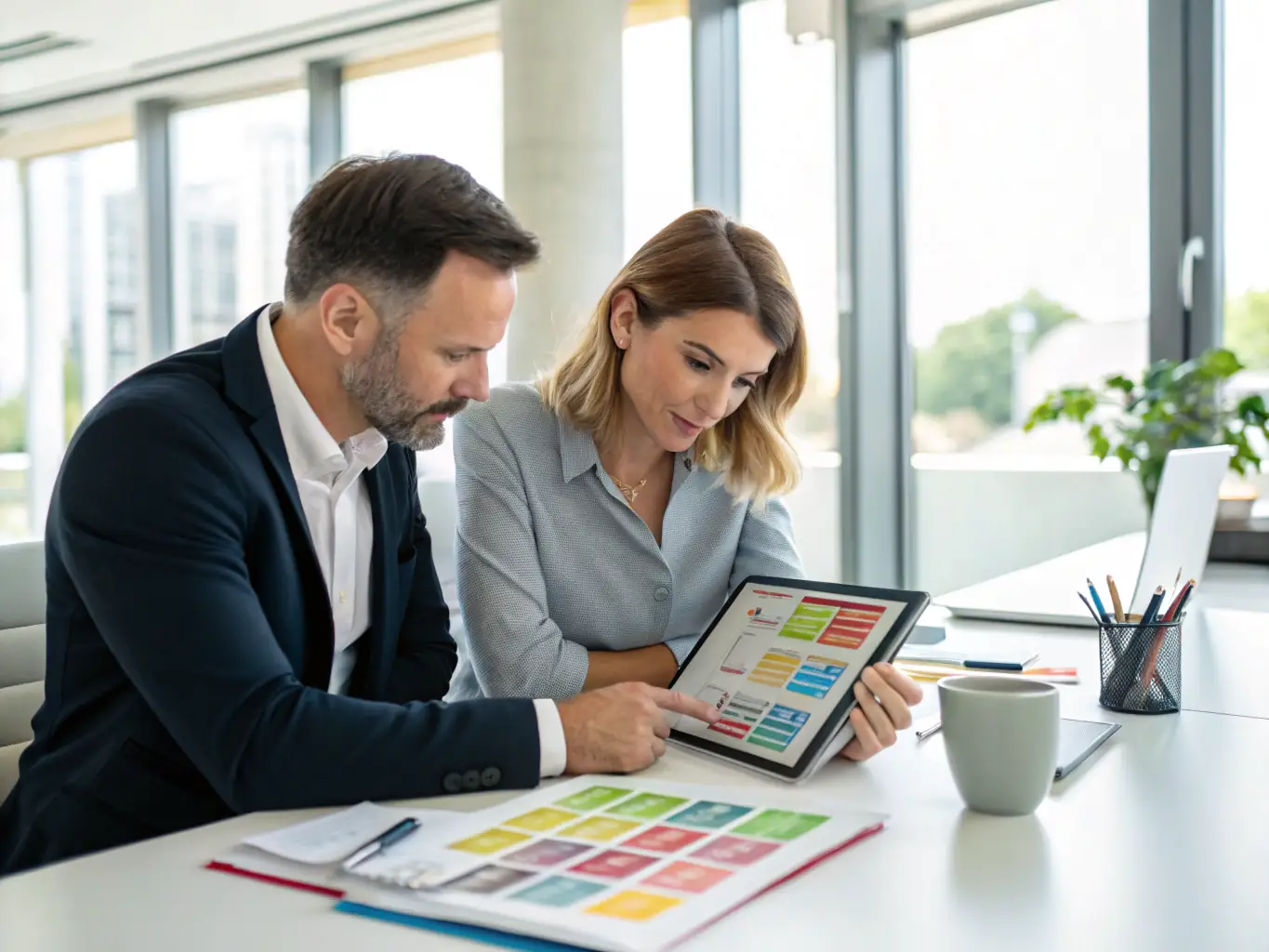 An image depicting a consultant reviewing project blueprints and discussing strategy with a client remotely.