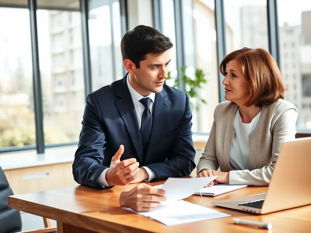 A consultant providing financial advice to a client, reviewing financial statements and investment options.