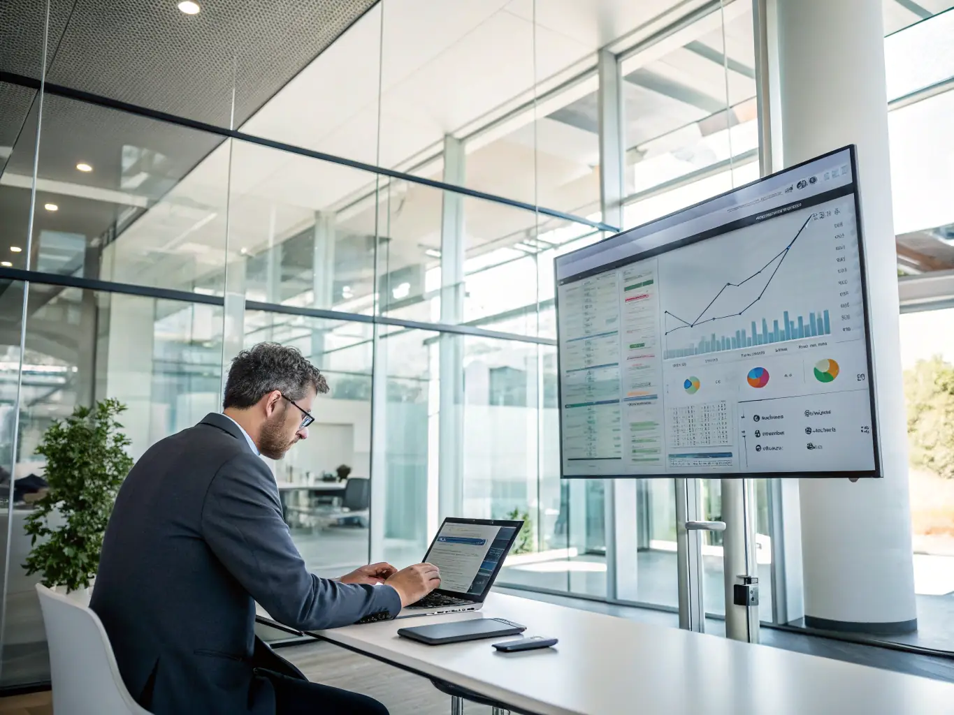 A split-screen image showing a consultant on one side and various business charts and graphs on the other, symbolizing data-driven insights and personalized strategies.