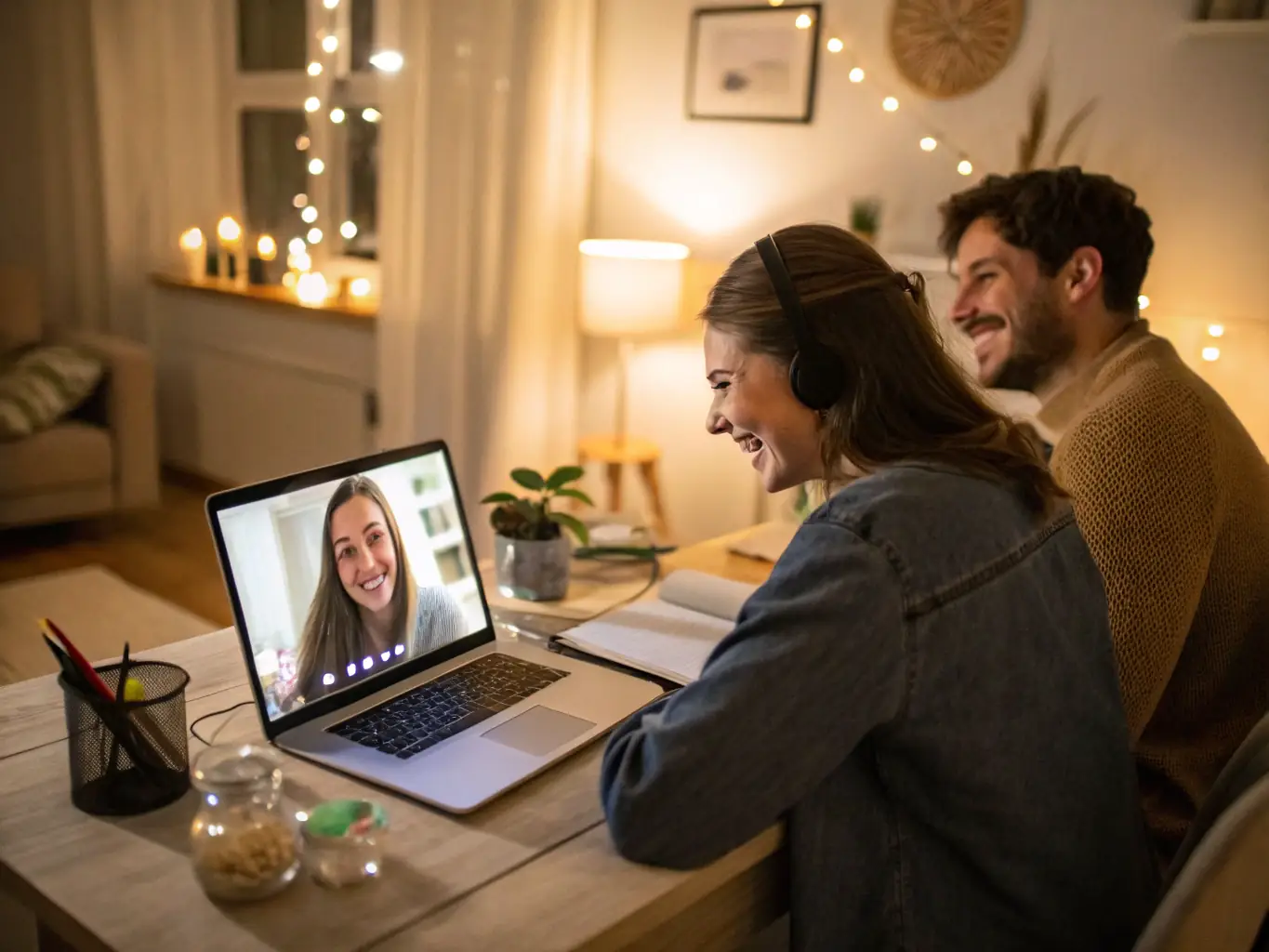 A consultant is conducting a video call with a client, both smiling and engaged in a discussion. The background shows a modern office setting, emphasizing the professional yet accessible nature of remote consultations.