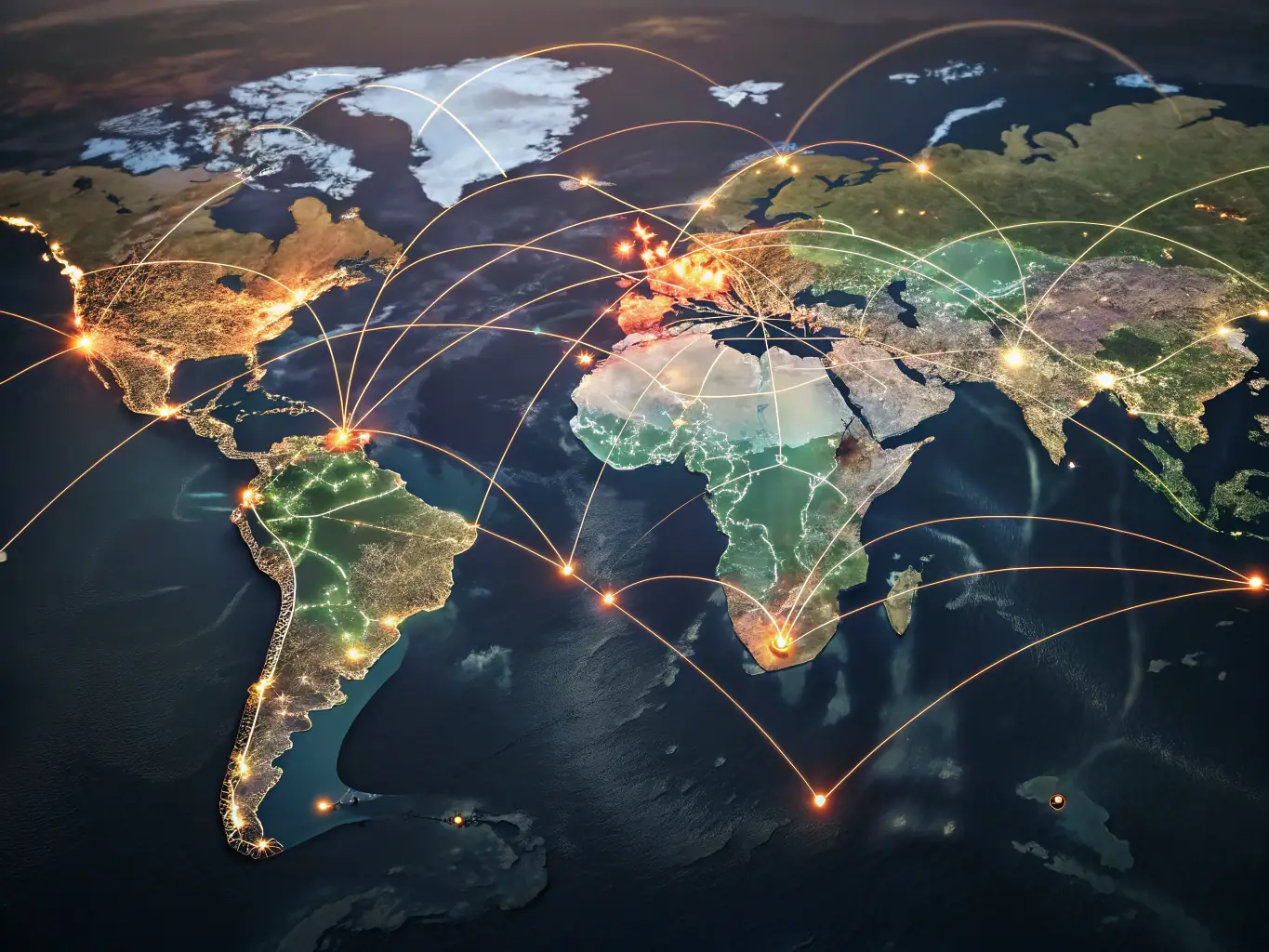 An image depicting a world map with interconnected nodes, representing global reach and access to consultants from anywhere in the world.