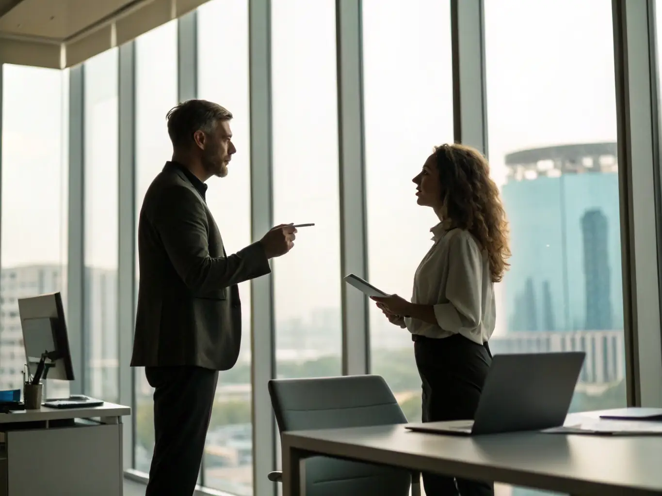 An image showing a consultant providing financial advice and analysis to a client during a remote meeting.