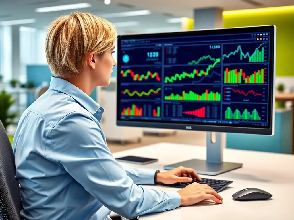 A consultant in a virtual meeting, advising a client on business strategy, with charts and data visible on the screen.