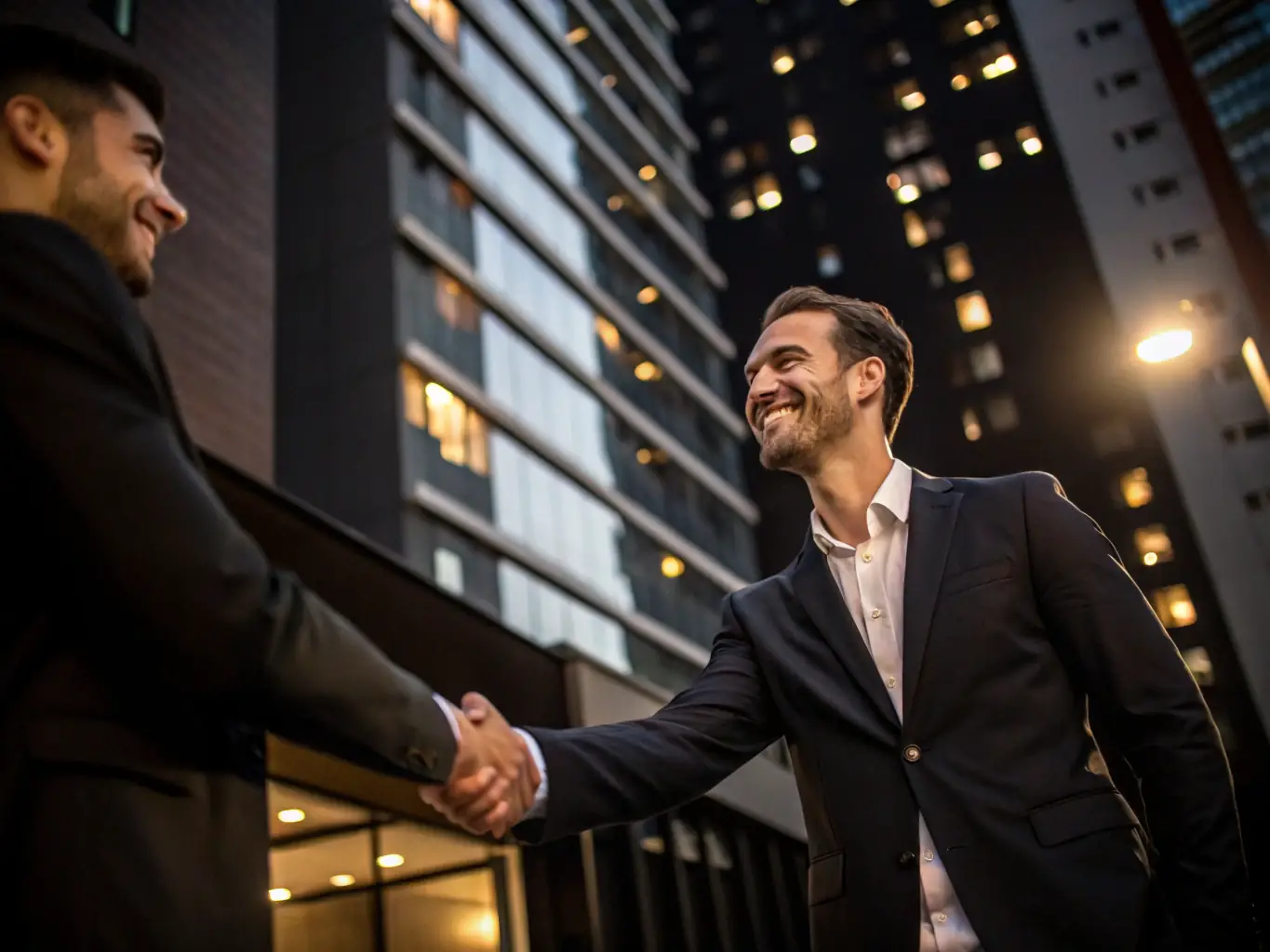 A professional shaking hands with a homeowner in front of a house under construction, symbolizing trust and a good working relationship.