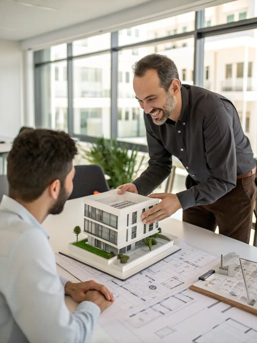 An architect presenting different extension design options to a client, showcasing various styles and materials.