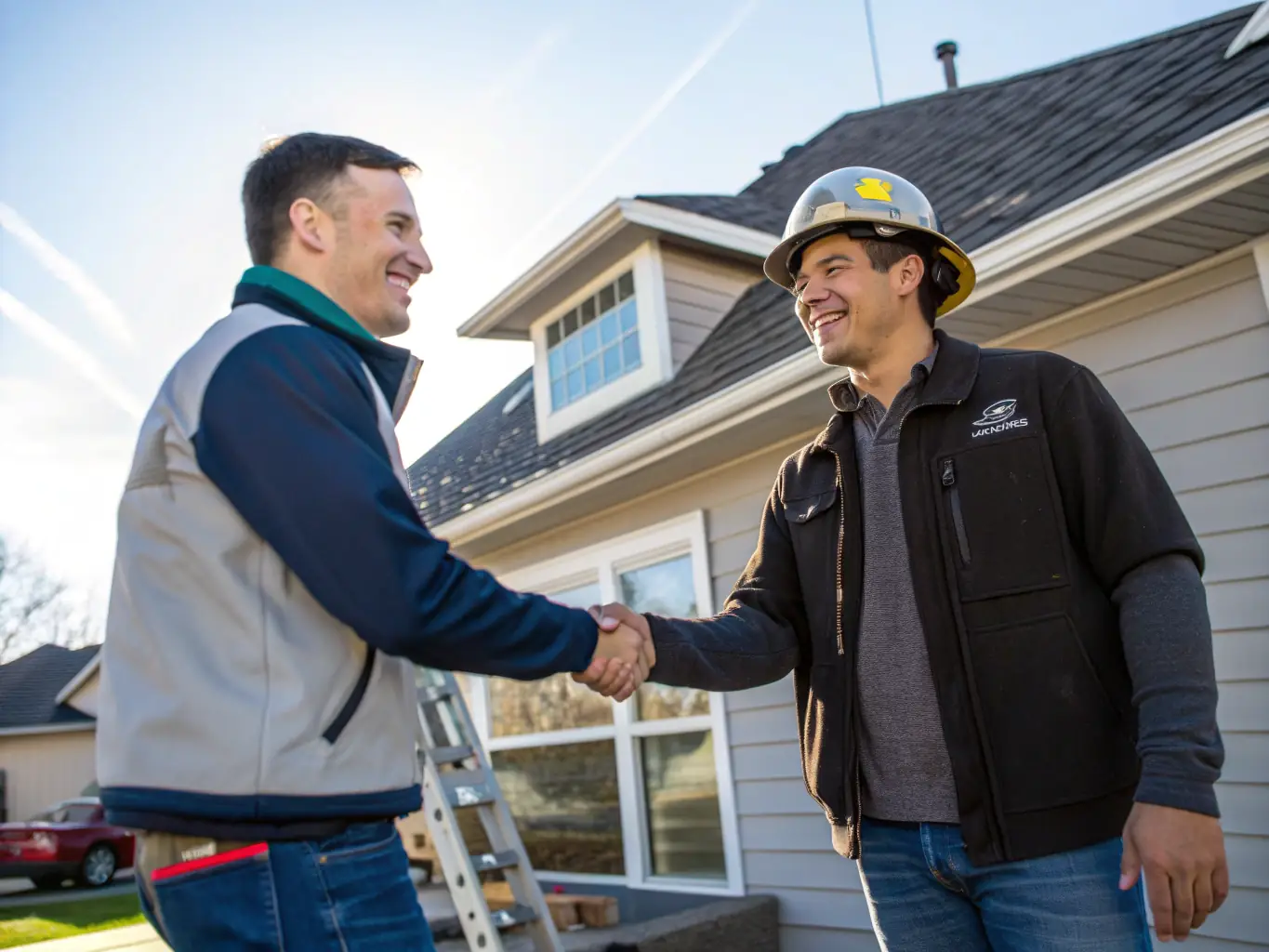 A homeowner confidently shaking hands with a vetted and trusted builder on a construction site, symbolizing a successful partnership and project outcome.