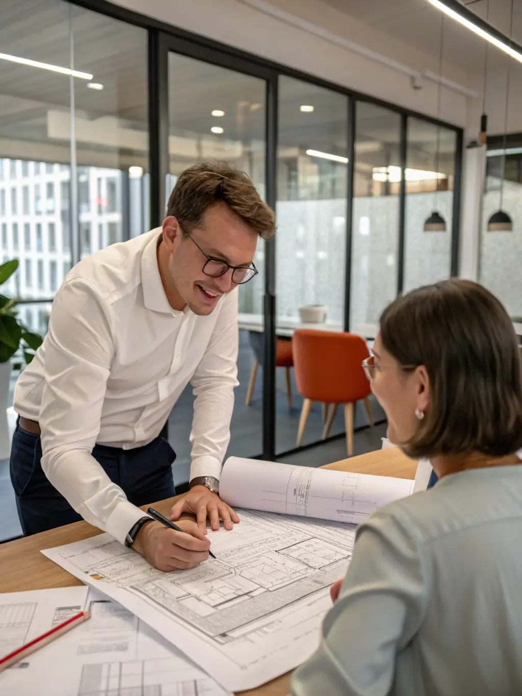 A friendly architect explaining the initial consultation process to a young couple in their home, with extension plans visible in the background.