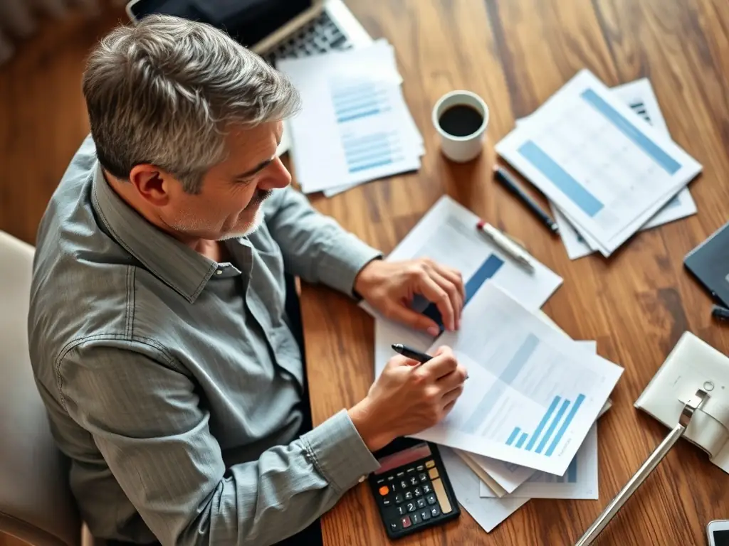 A concerned homeowner looking at a budget spreadsheet with a calculator nearby, symbolizing the importance of avoiding budget overruns in home extension projects.