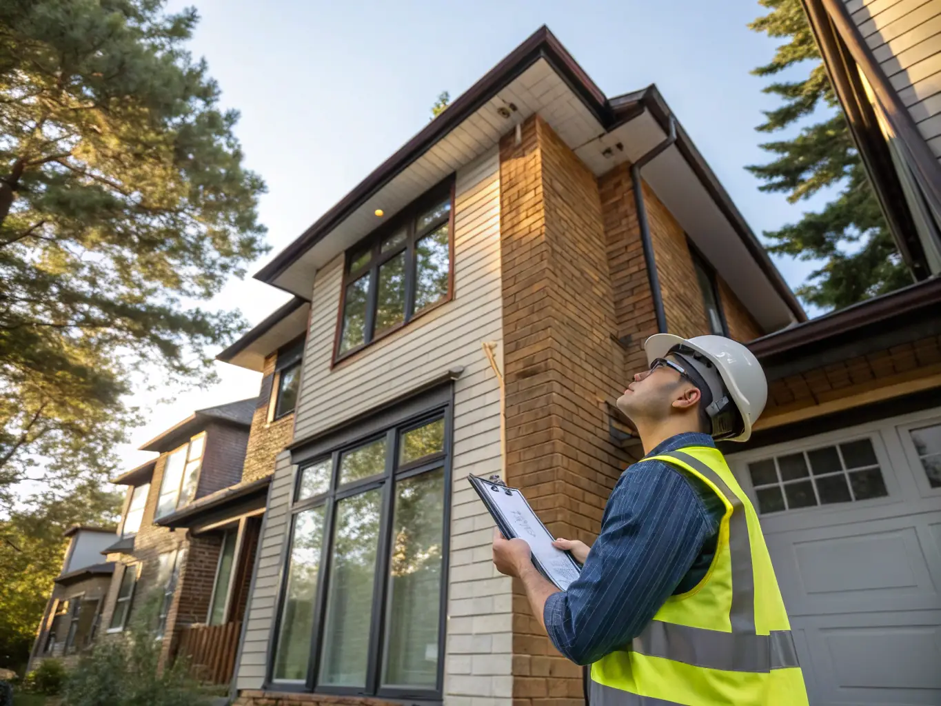 A digital illustration showing a surveyor with measuring tools, representing the 'Feasibility' phase of a home extension project. The background shows a house undergoing renovation.