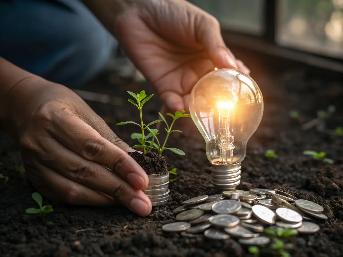 A digital illustration depicting a lightbulb moment, representing the 'Idea' phase of a home extension project. The background is a blueprint, symbolizing the initial planning stages.